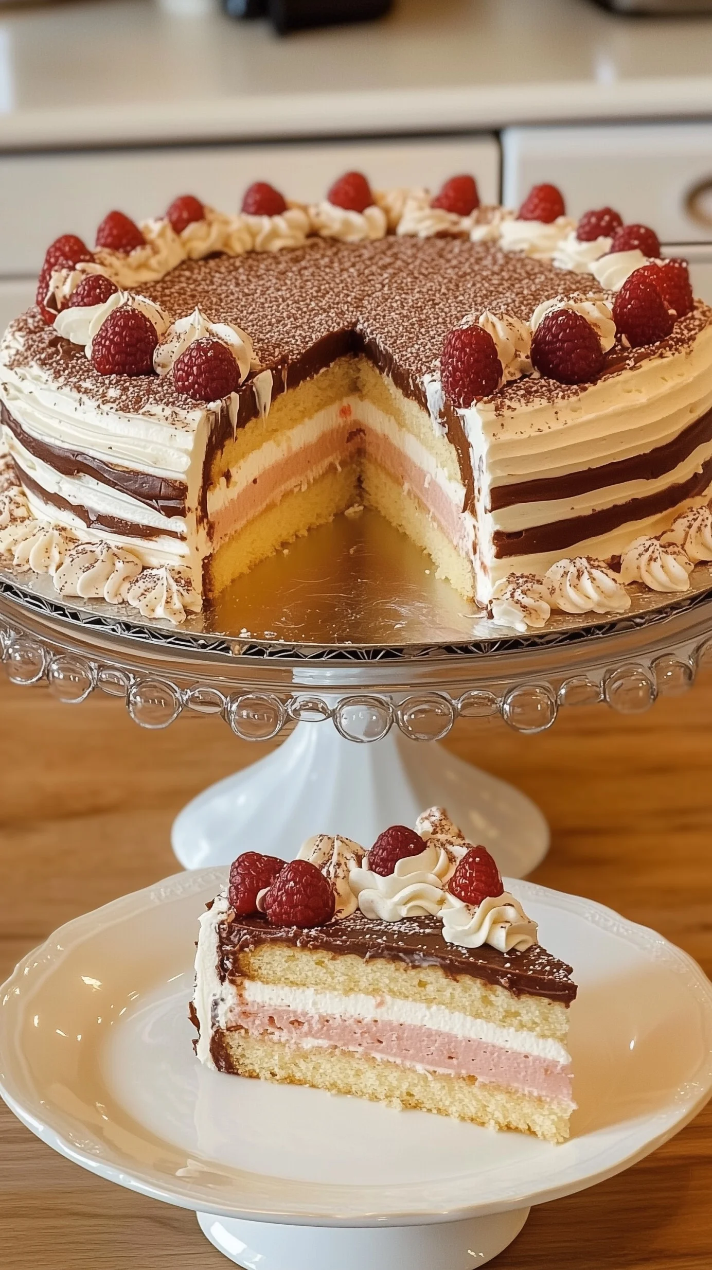 A three-layer chocolate cake topped with fresh raspberries and glossy chocolate ganache.