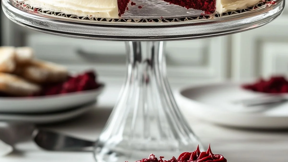 A slice of Red Velvet Cake topped with cream cheese frosting on a rustic wooden table.