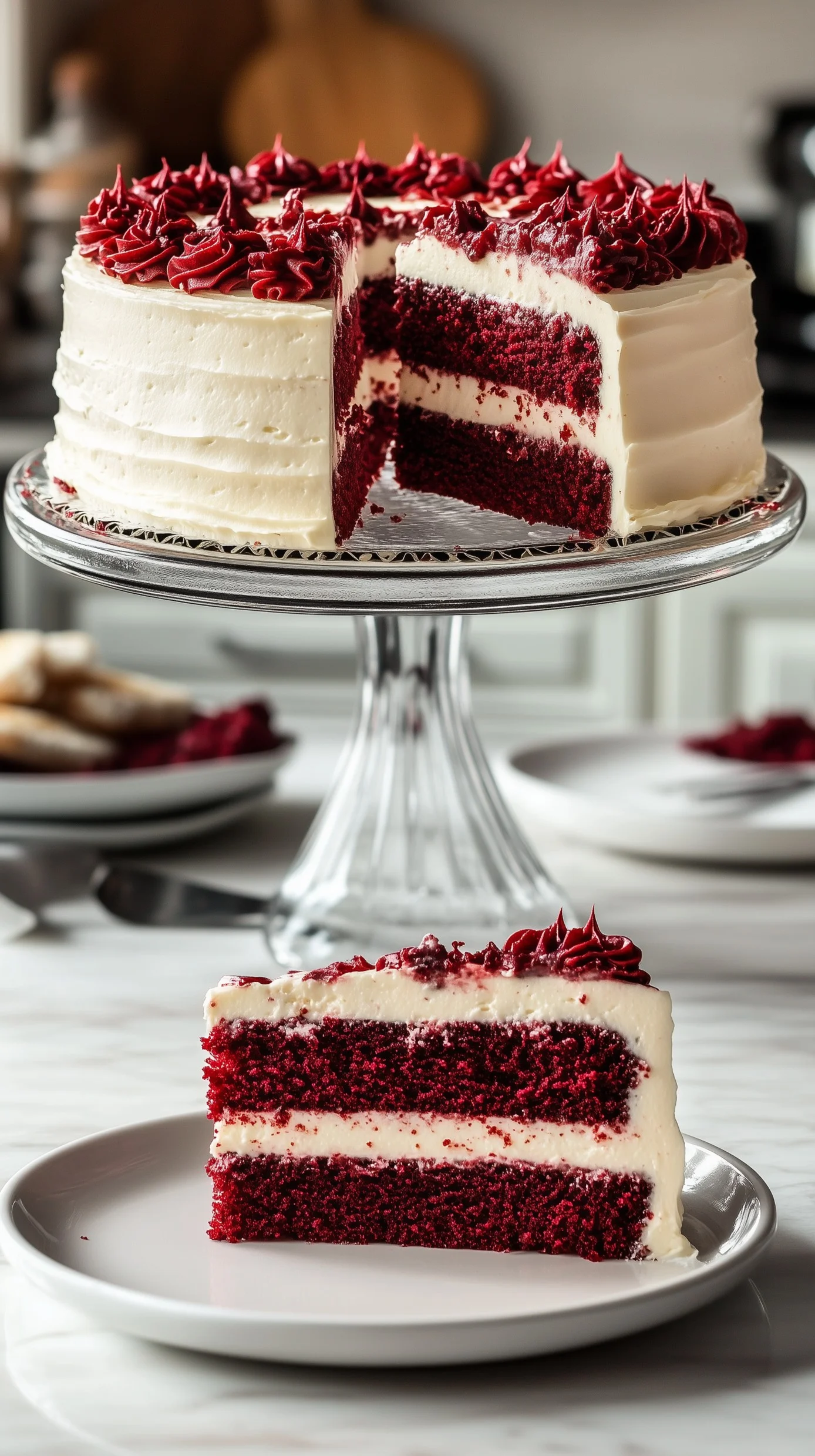 Three-layer red velvet cake with cream cheese frosting and fresh raspberries