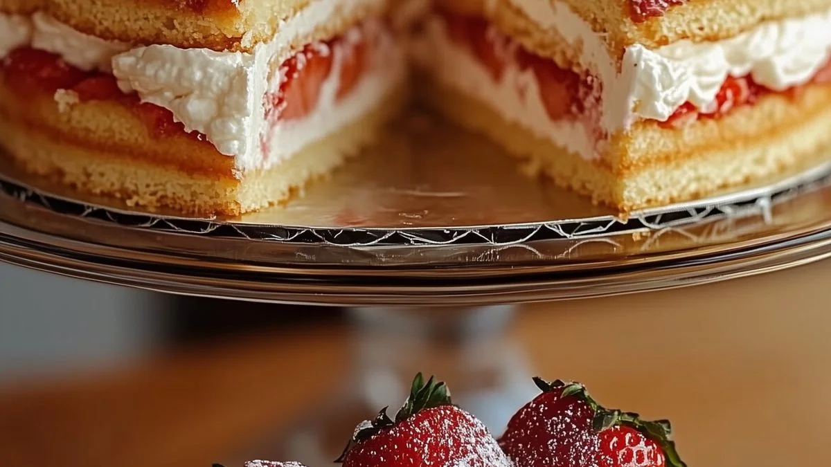 A three-layer Strawberry and Cream Cake topped with fresh strawberries and whipped cream.