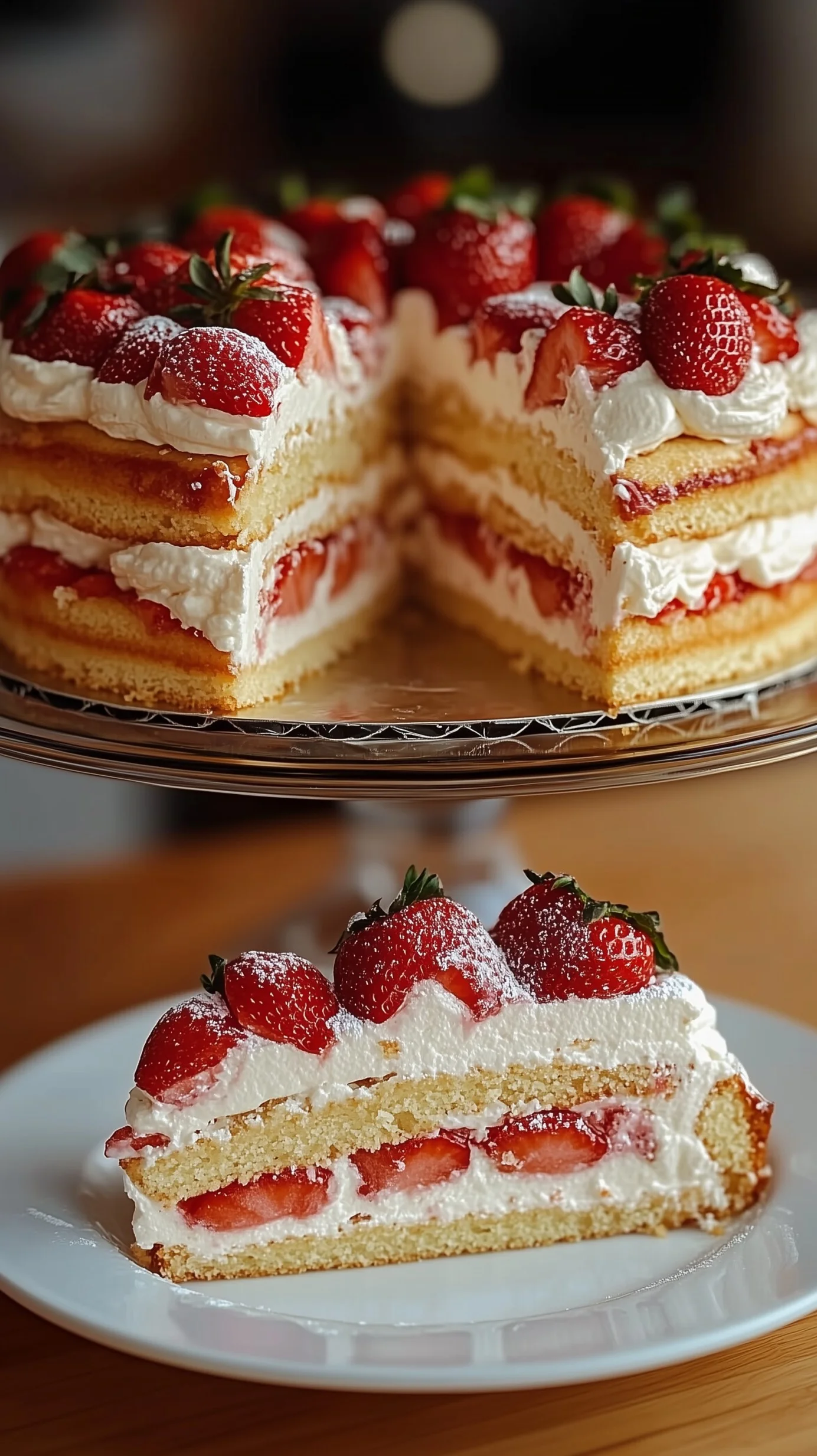 Three-layer strawberry and cream cake with whipped cream and fresh strawberries on a wooden table.