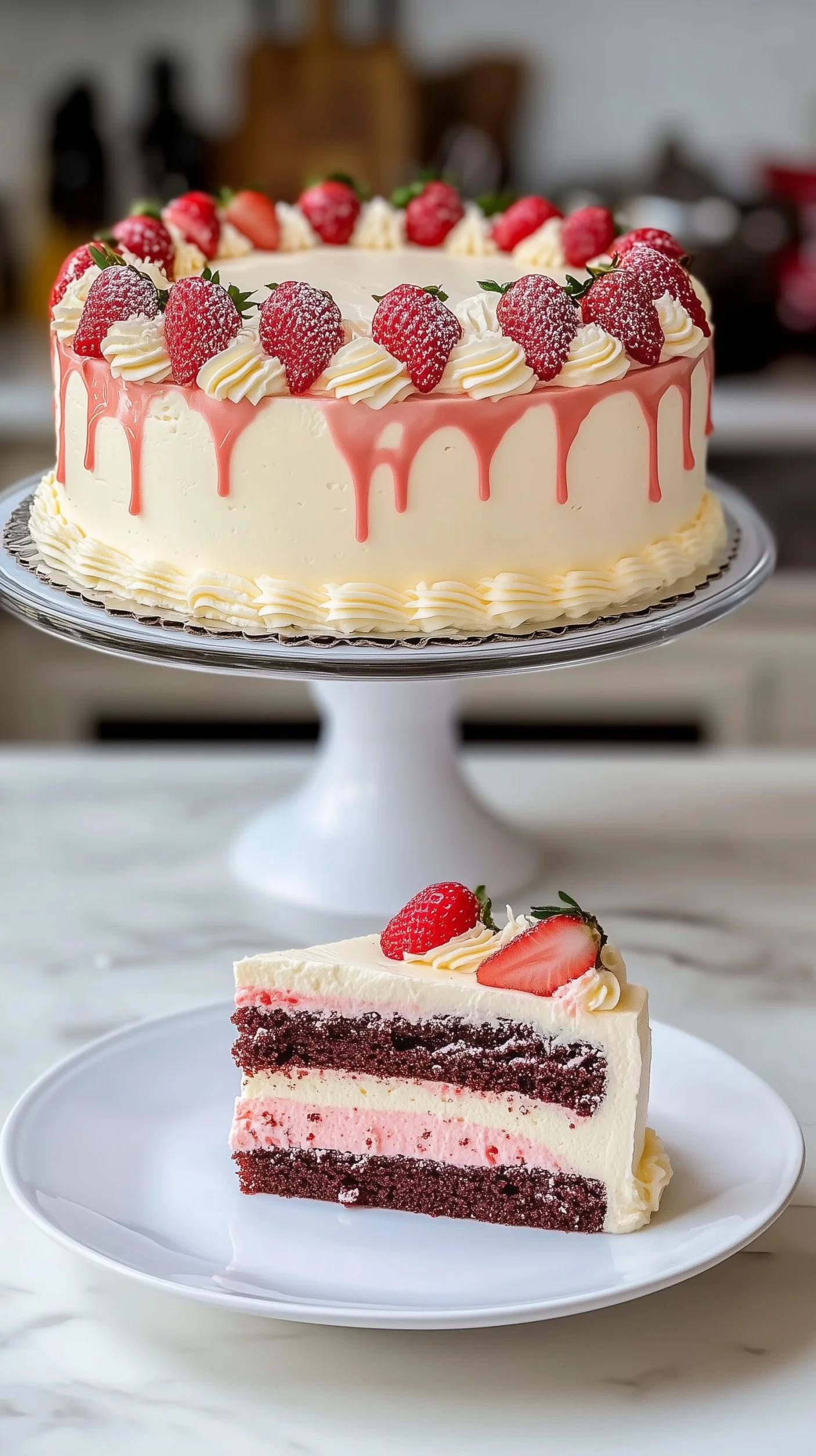 Three-layer strawberry chocolate cake with glossy ganache and fresh strawberry halves.