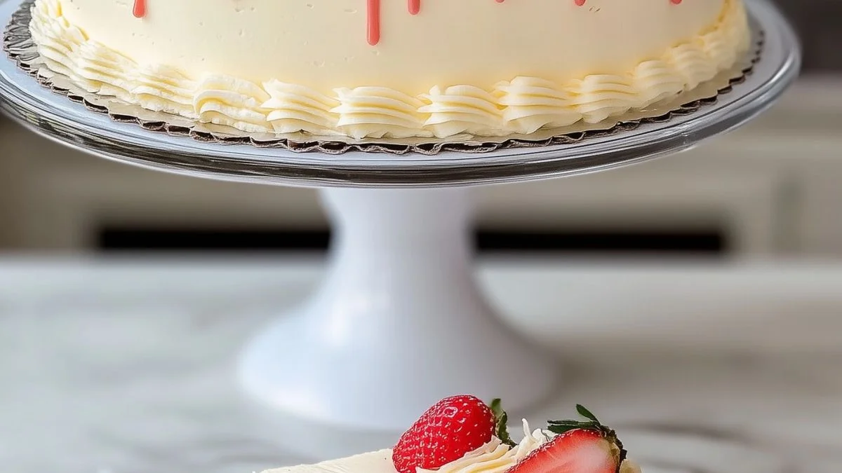 A slice of Strawberry Chocolate Dream Cake with layers of chocolate sponge, strawberry cream frosting, fresh strawberries, and chocolate ganache drizzles on a white plate.