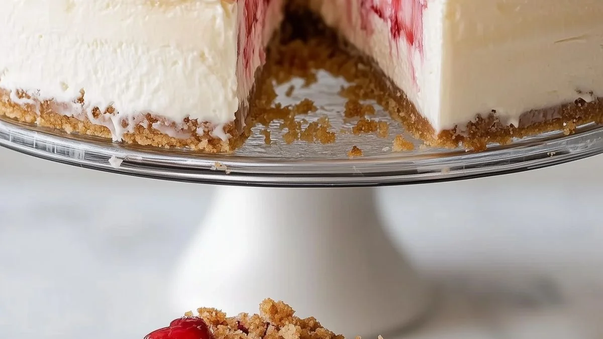 Strawberry Crunch Cheesecake 3 Overhead shot of a slice of Strawberry Crunch Cheesecake topped with crunchy strawberry bits and fresh strawberries.