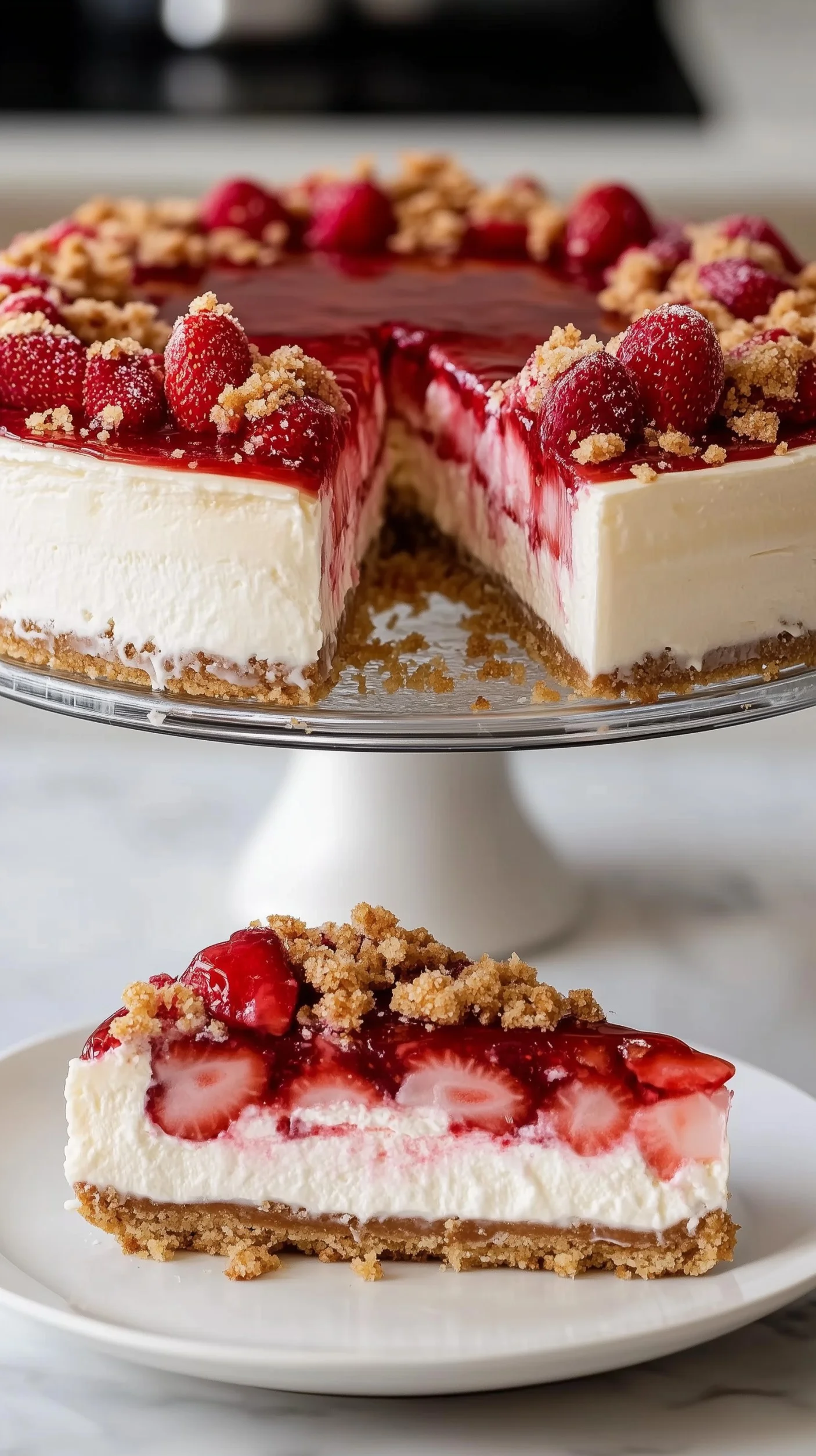 A decadent slice of strawberry crunch cheesecake. Slice of strawberry crunch cheesecake with fresh strawberries and praline crumb topping.