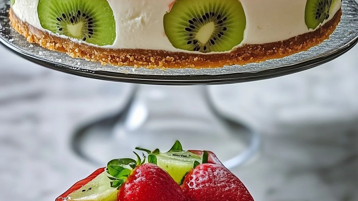 Strawberry Kiwi Cheesecake 3 Close-up of Strawberry Kiwi Cheesecake (No-Bake Style) topped with fresh strawberry and kiwi slices on a rustic wooden table.