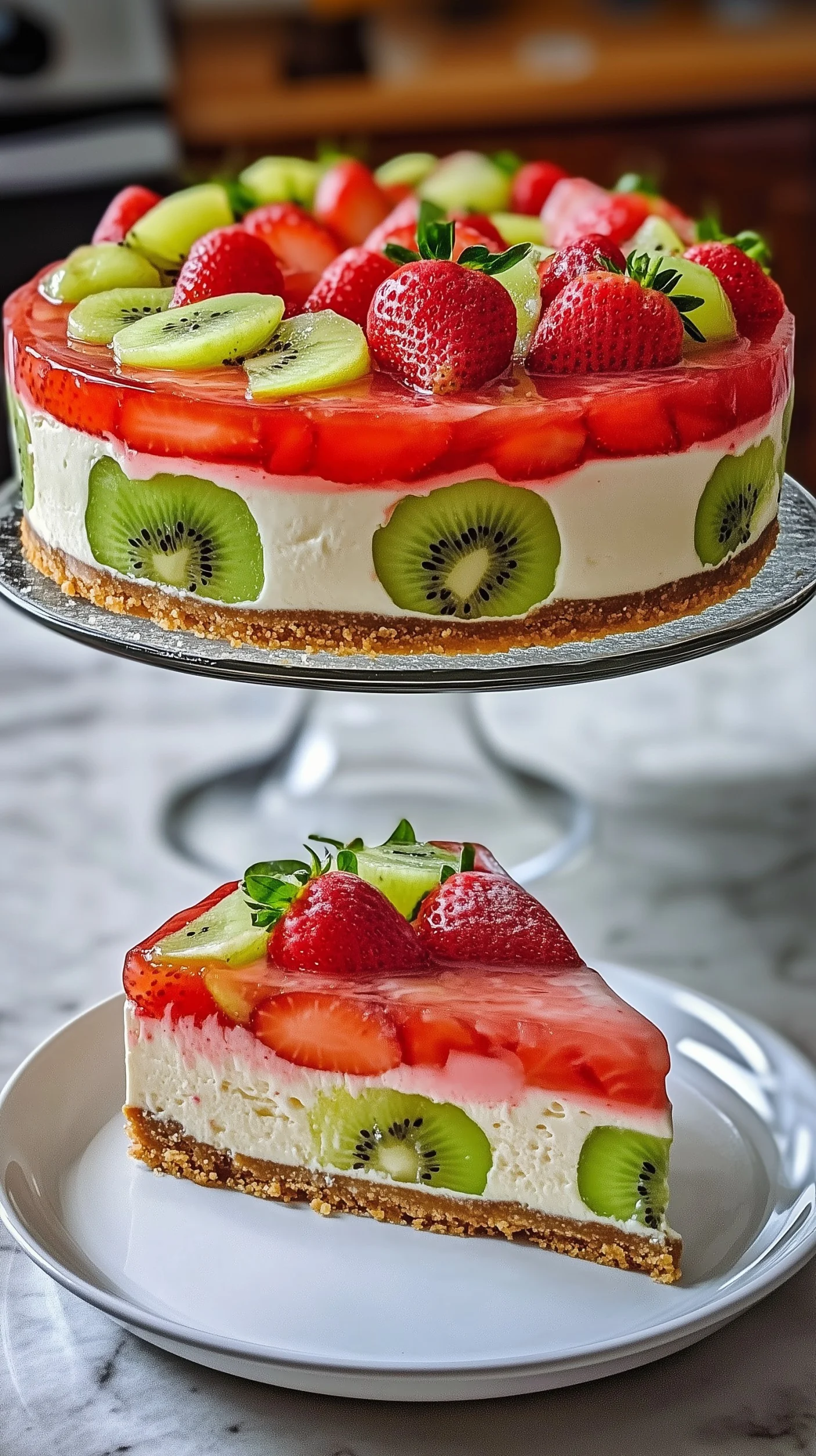 A creamy no-bake cheesecake garnished with fresh strawberries and kiwi. No-bake cheesecake topped with sliced strawberries and kiwi on a cake stand