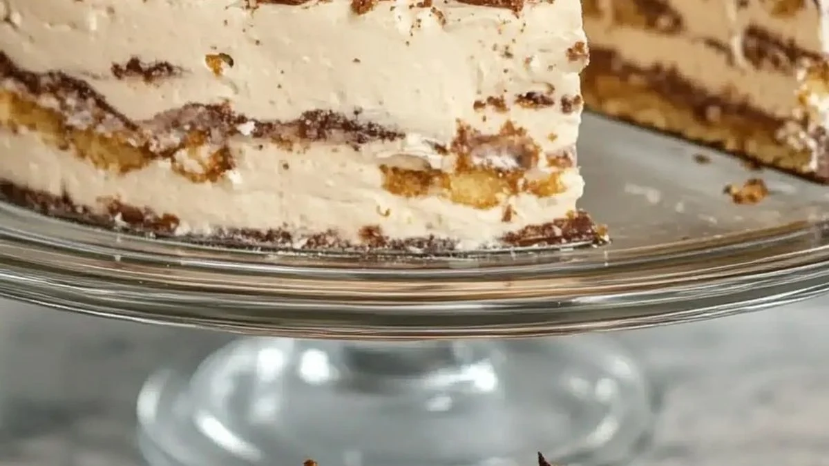 Tiramisu Toffee Dessert 3 Close-up side view of a Tiramisu Toffee Dessert with layers of mascarpone, coffee-soaked cake, and crunchy toffee shards.