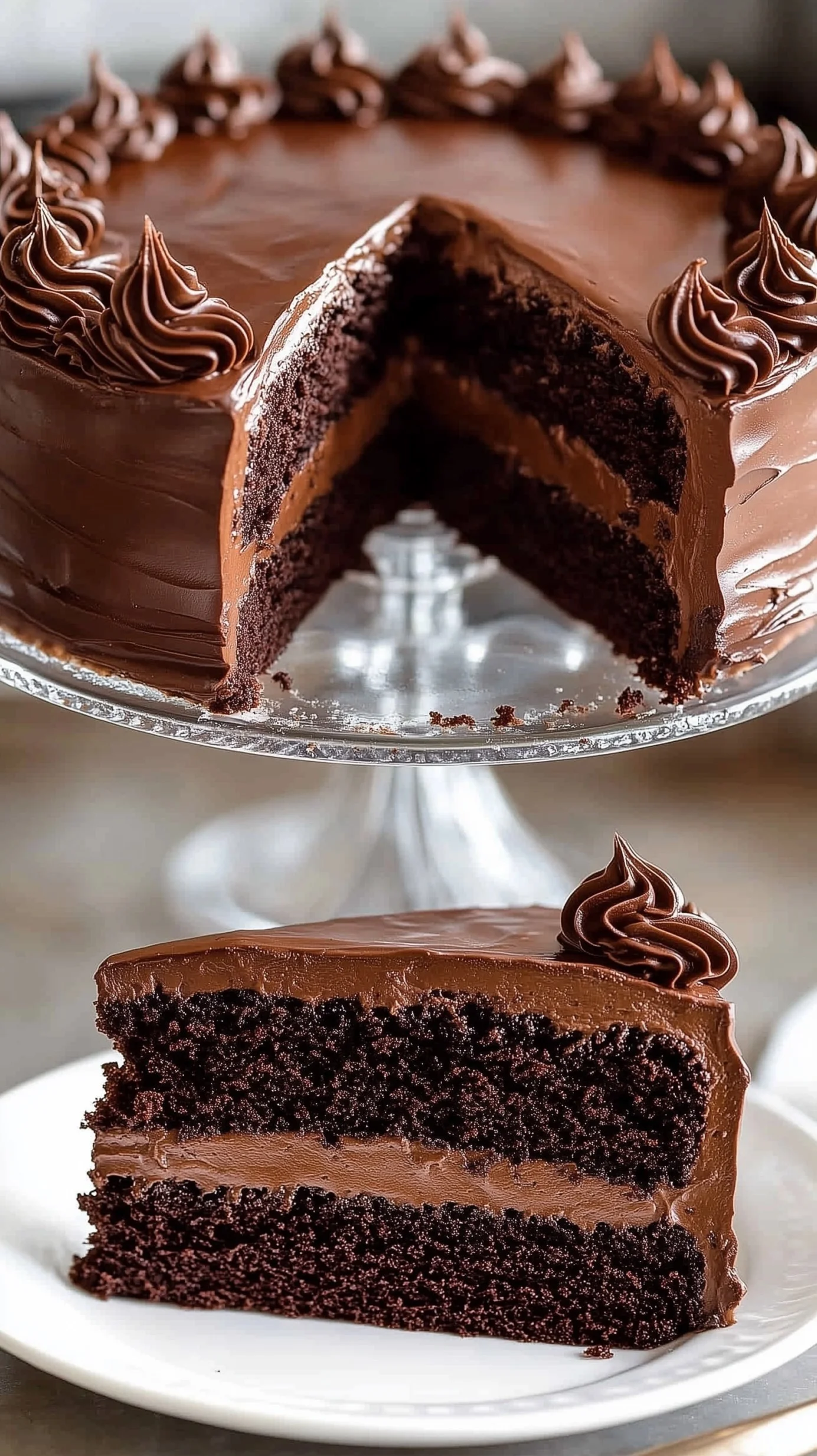 Triple chocolate layer cake with glossy ganache drizzle and chocolate shavings.