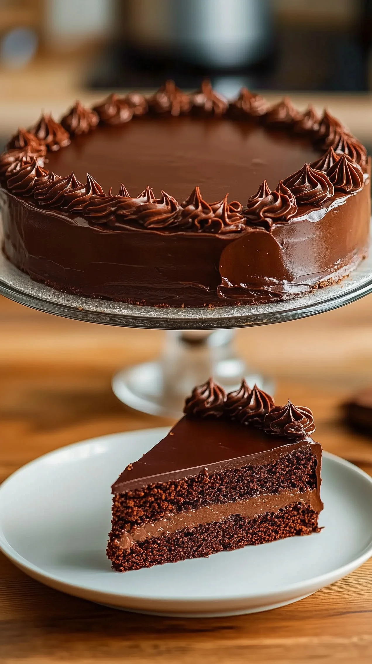 Decadent triple-layer chocolate ganache cake with glossy ganache drips, chocolate curls, and raspberries.
