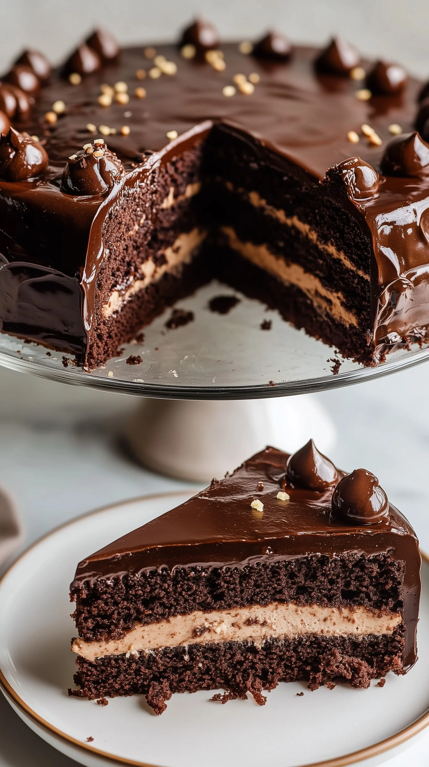Photorealistic triple-layer chocolate cake with glossy ganache, raspberries, and edible gold leaf on a marble slab.