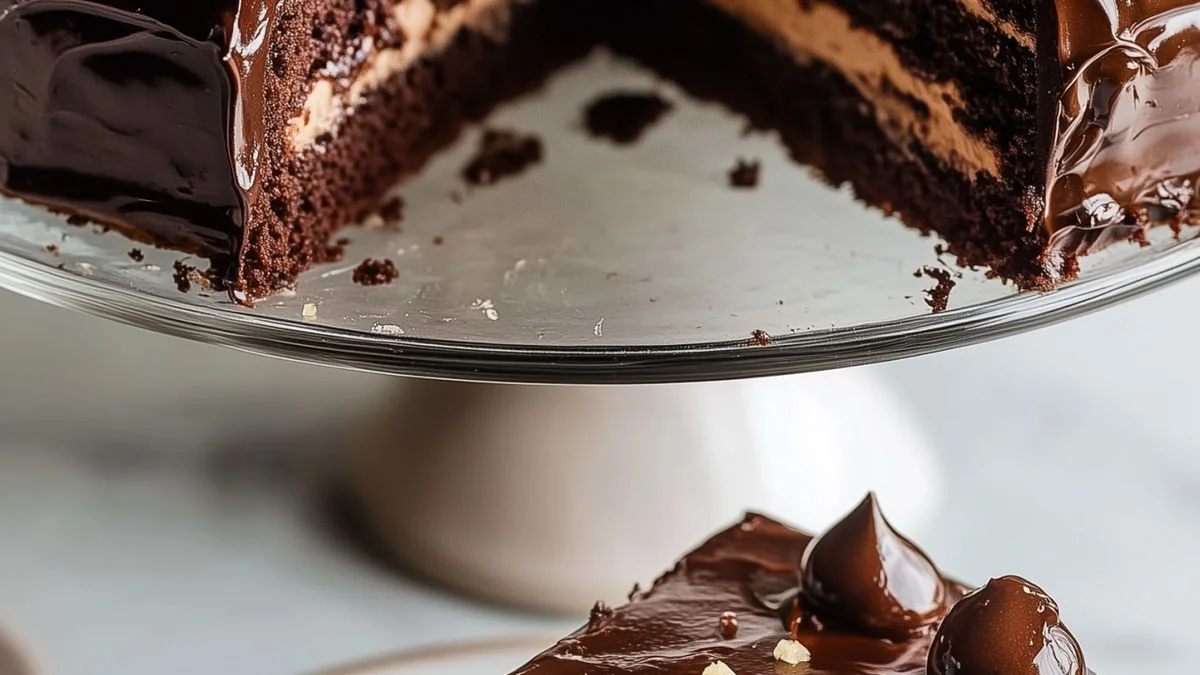 A slice of Ultimate Chocolate Dream with glossy chocolate ganache, chocolate curls, cocoa powder dusting, and fresh raspberries.