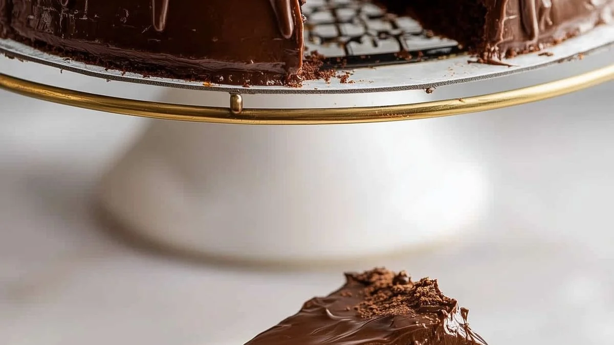 Ultimate Chocolate Fudge Cake 2 Close-up of the Ultimate Chocolate Fudge Cake showing its rich fudge layers and glossy ganache topping.