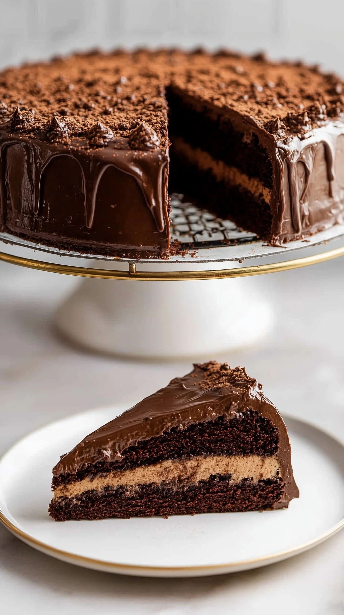 Indulge in the rich, gooey Ultimate Chocolate Fudge Cake. Slice of ultimate chocolate fudge cake with glossy ganache, raspberries, and mint on a rustic plate.