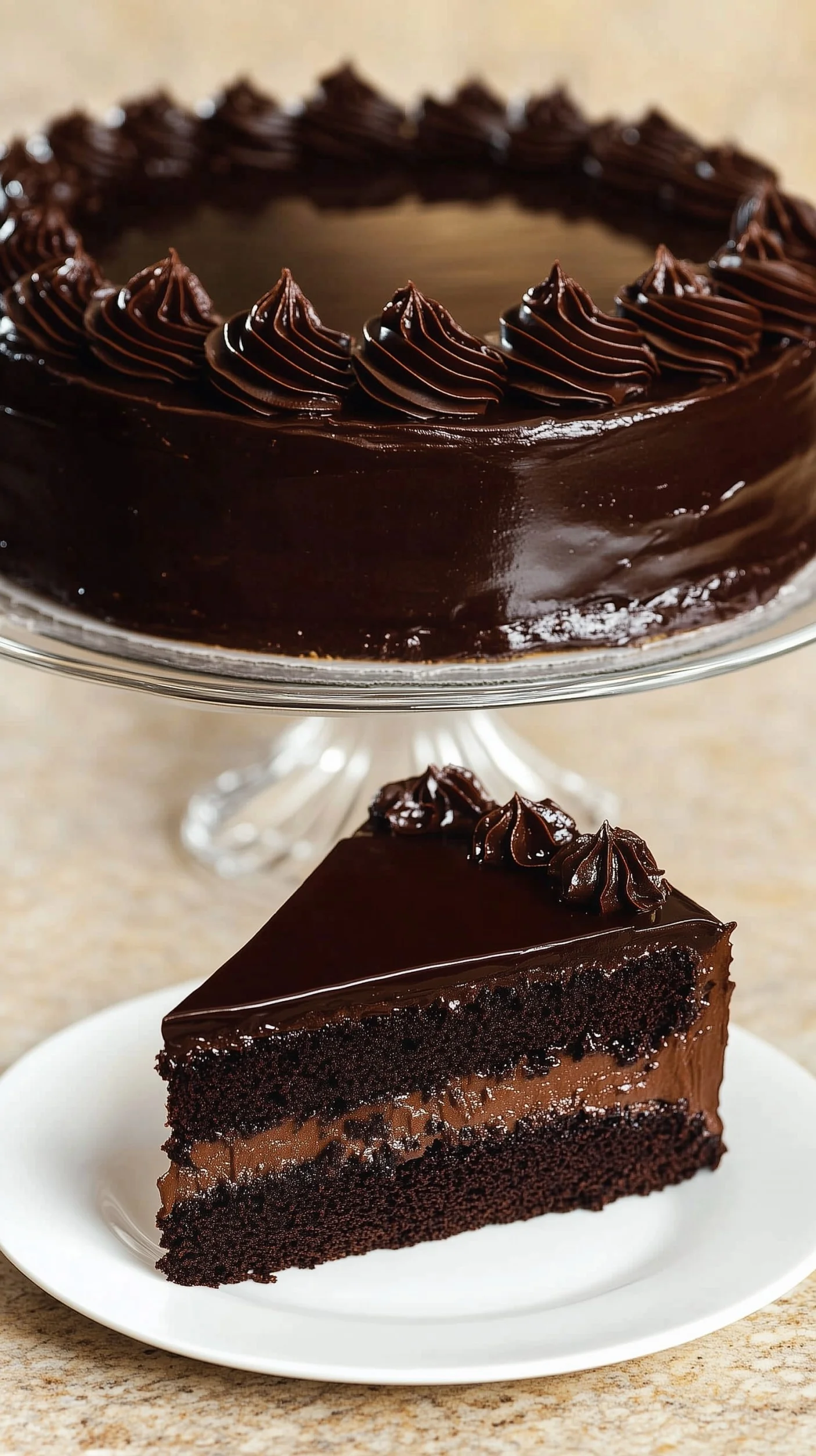 Decadent chocolate fudge layer cake topped with glossy ganache. Slice of ultimate chocolate fudge layer cake with glossy ganache drip and chocolate shavings on a rustic plate
