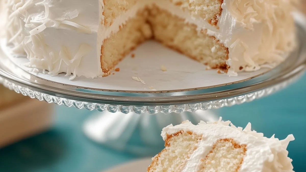 A slice of White Chocolate Coconut Cake garnished with toasted coconut flakes and white chocolate curls.