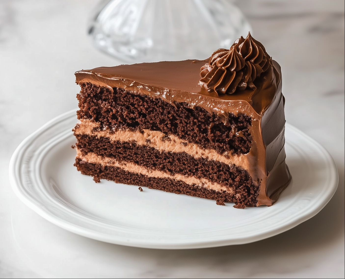 Close-up of a Layered Chocolate Dream Cake with glossy chocolate ganache and chocolate shavings