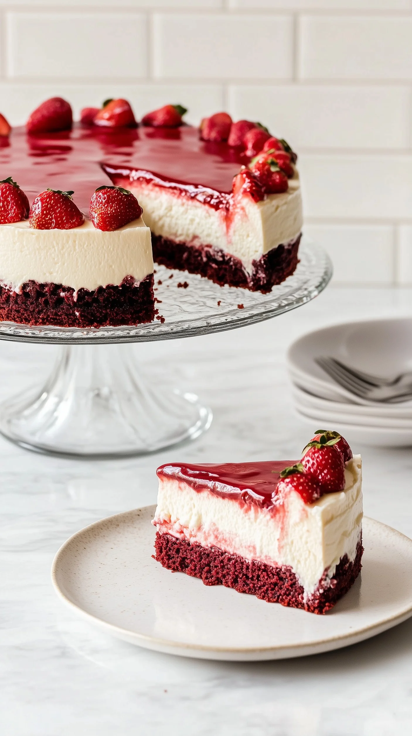 A decadent slice of red velvet strawberry cheesecake. Slice of red velvet strawberry cheesecake with fresh strawberry slices and mint garnish on a white plate.