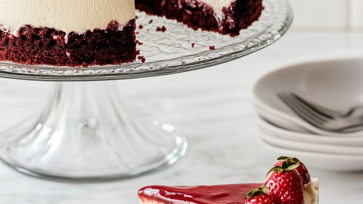 Red Velvet Strawberry Cheesecake 3 A slice of Red Velvet Strawberry Cheesecake topped with fresh strawberries and whipped cream