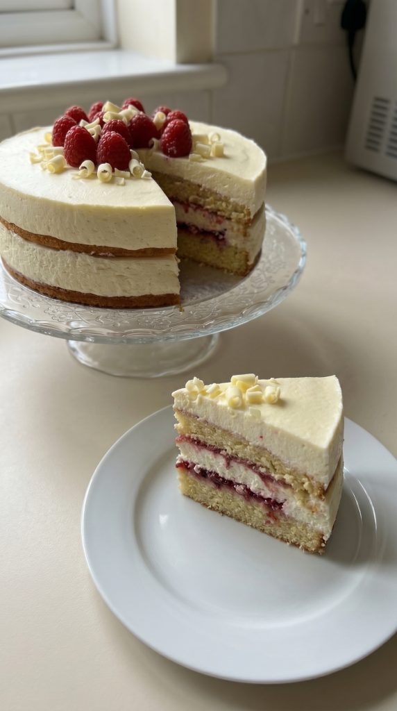 Raspberry White Chocolate Mousse Cake 3 put the slice on the 202605151811
