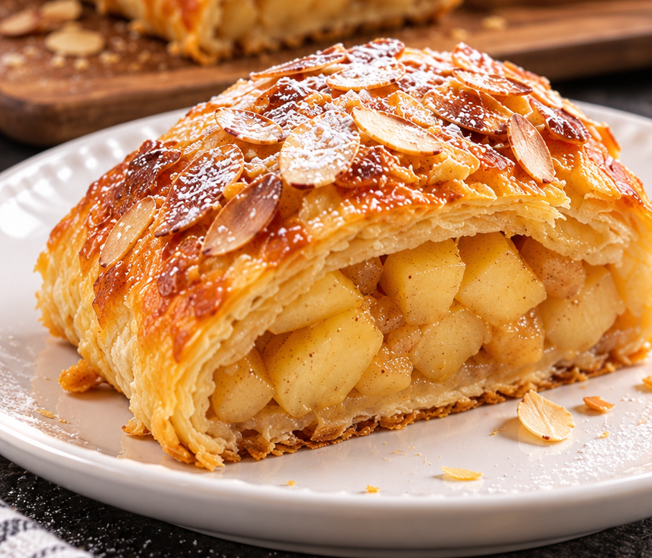 Apple Pastry Roll with Almonds & Powdered Sugar